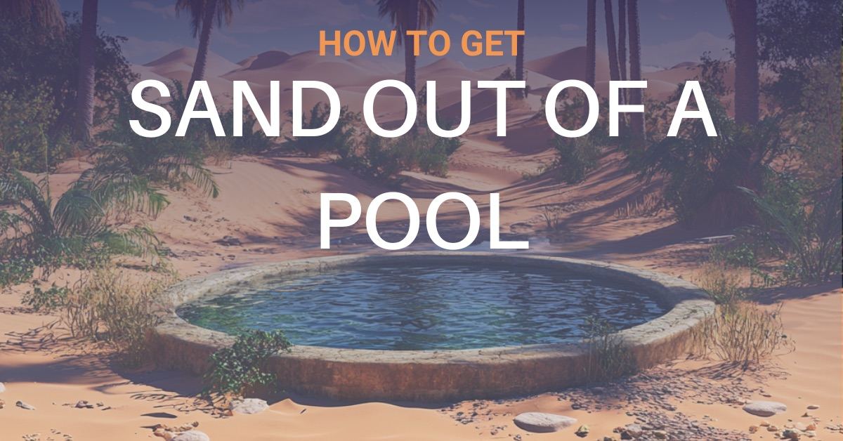 Small round stone-edged pool of water set among desert sand dunes and palm trees under a hazy sky