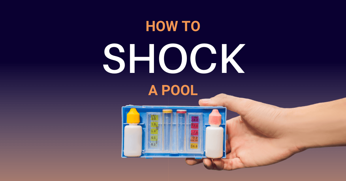 Hand holding a pool water testing kit with reagent bottles and colour-coded chlorine and pH scales