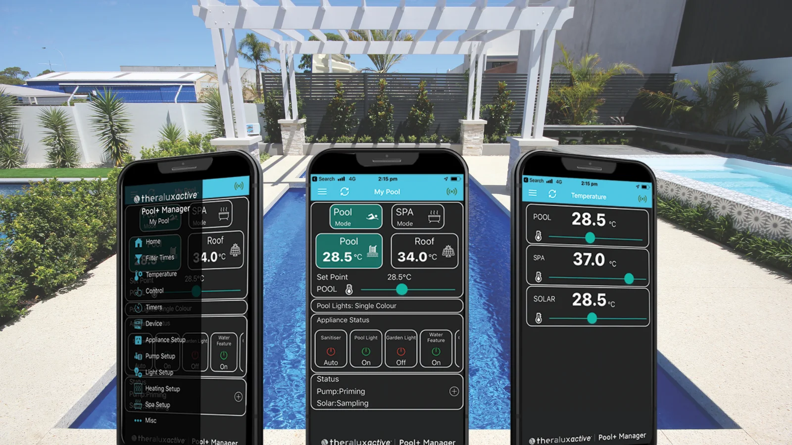 Smart pool technology shown on three phone screens controlling pool mode, temperature and appliance settings